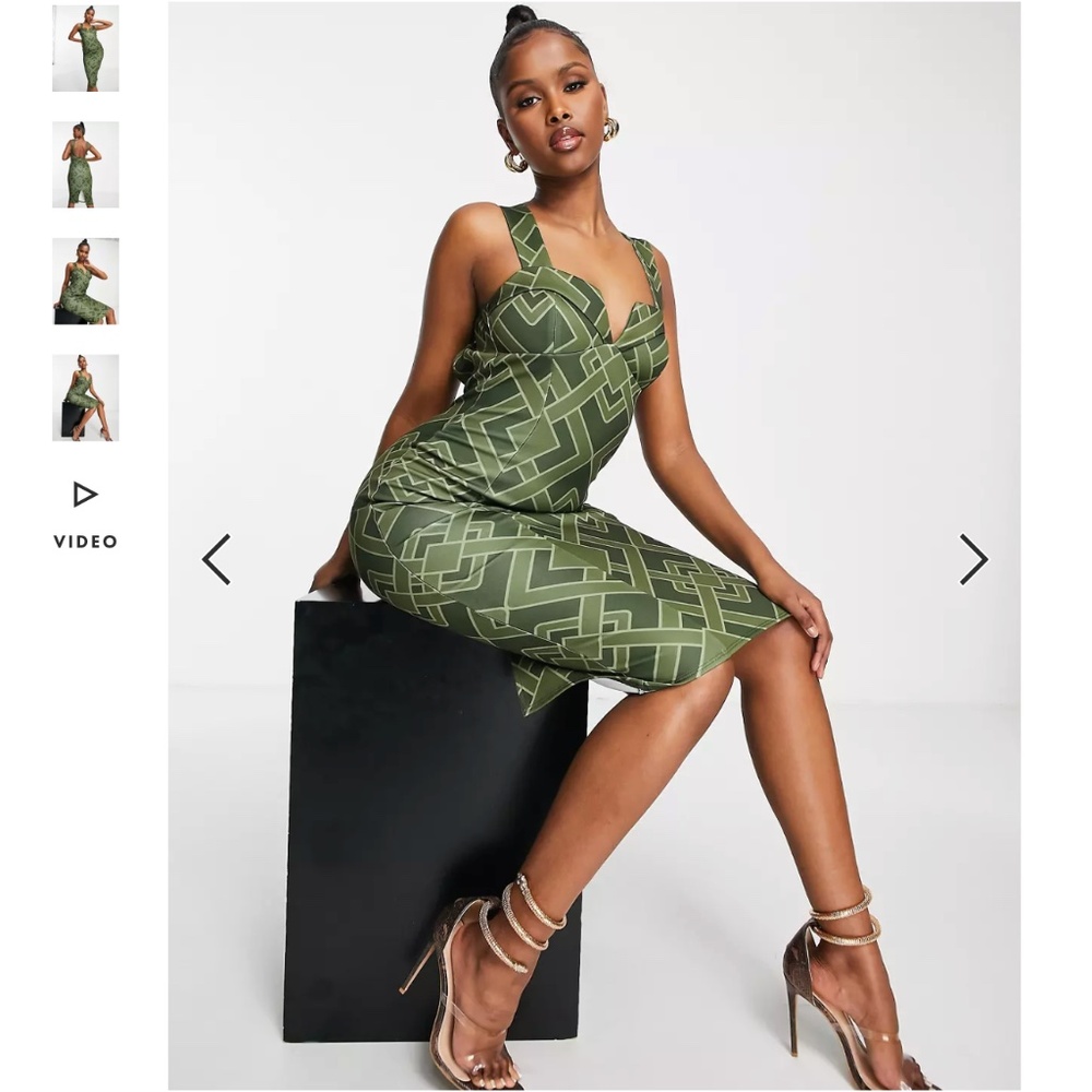 ASOS DESIGN: cupped seamed midi pencil dress in khaki geo print (NWT)